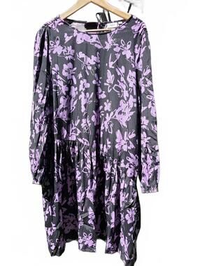 Saint Tropez Black & Purple Floral Long Sleeve Midi Dress Boho Cottage Core Med.